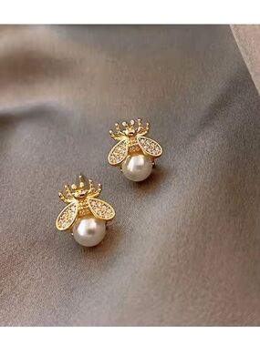 Petite Gold Pearl Bee Earrings 24k Gold Plated new